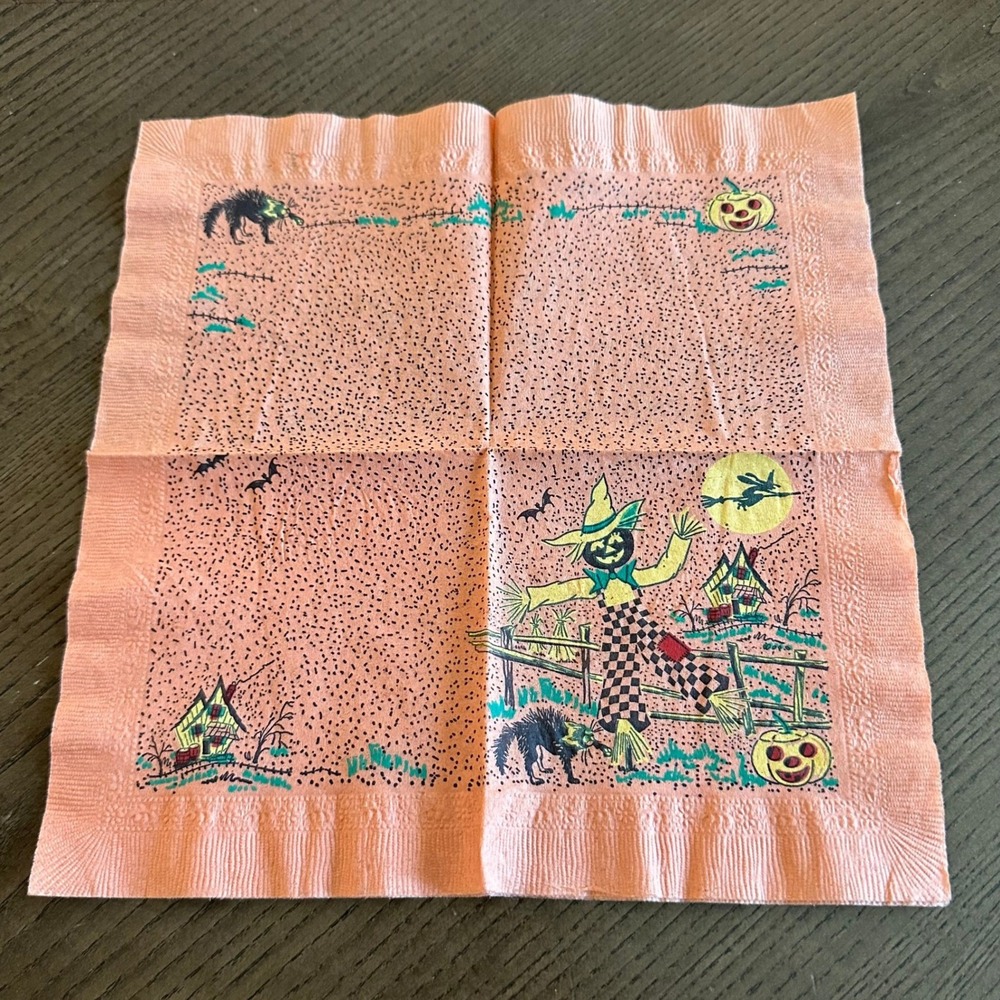Vintage Halloween Paper Dessert‎ Napkin Scarecrow Witch Black Cat Jack-O-Lantern